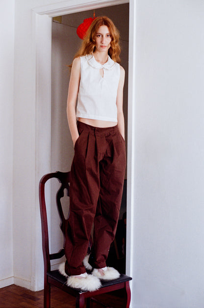 calça alfaiataria retrô em sarja